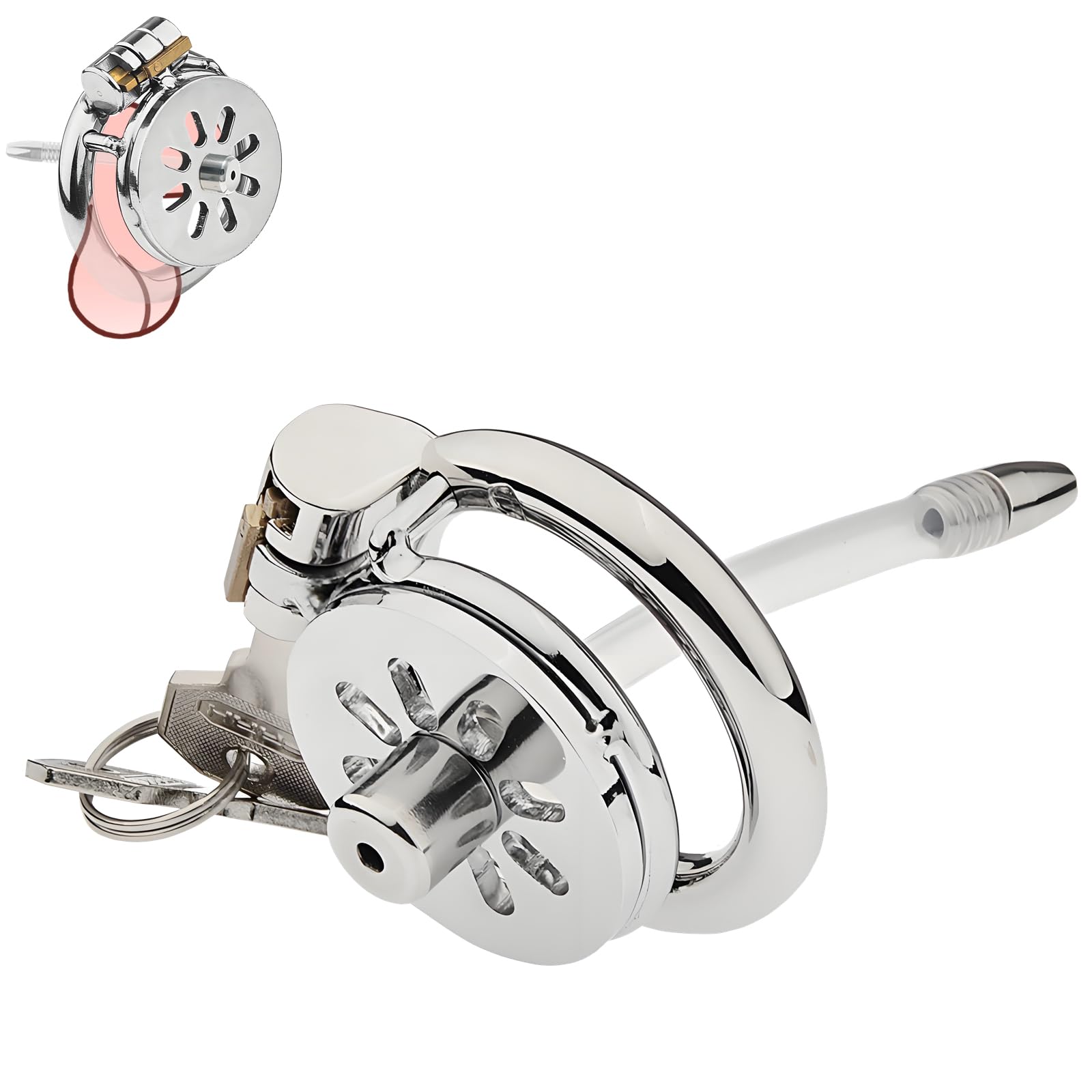 Steel Stainless Chastity Lock with Silicone Urethral Catheter Male Cage Inverted Chastity Device Beginner Cage Prevent Erection Bondage for Men(55mm)