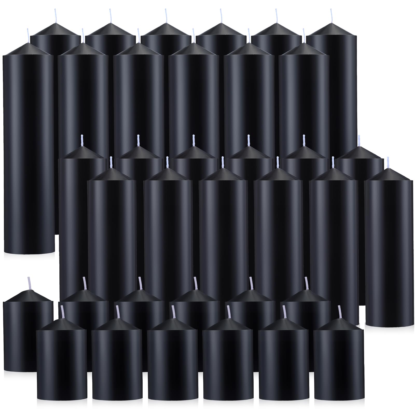 Photo 1 of MTLEE 36 Pcs Pillar Candles Bulk Set of 3 Long Burning Wax Pillar Candles 2 in x 3, 6, 8 Inch Dripless Unscented Smokeless for Wedding Party Spa Lantern Fireplace Home(Black)