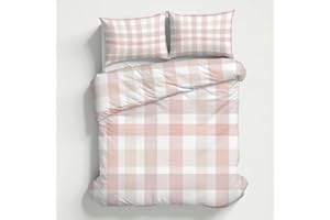 Pink Plaid Duvet Cover Queen Size, Pink White Check Bedding Set 3 pcs with 2 Pillow Covers, Checkered Bedroom Decor, Soft Mic