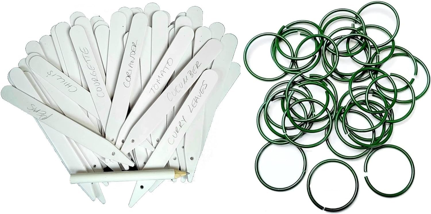 ZOPPER 50 Plant Labels and 100 Plant Rings, Garden Plant Markers and Ties for Outdoor and Indoor Plants, Herbs, Flowers, Vegetables, Reusable and Durable Plant Support Kit