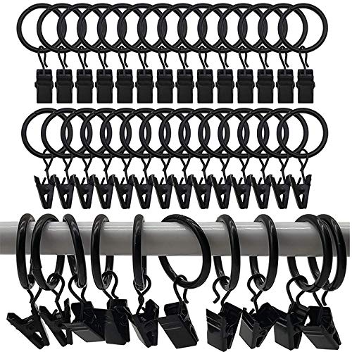 iPEAK 50 Pack Curtain Clips with Rings, Metal Curtain Rings with Clips Hooks 30mm Internal Diameter (Black)