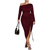 Floerns Women's Plus Size Off The Shoulder Sexy Bodycon Midi Dress Drawstring Slit Hem Long Sleeve Elegant Party Dresses
