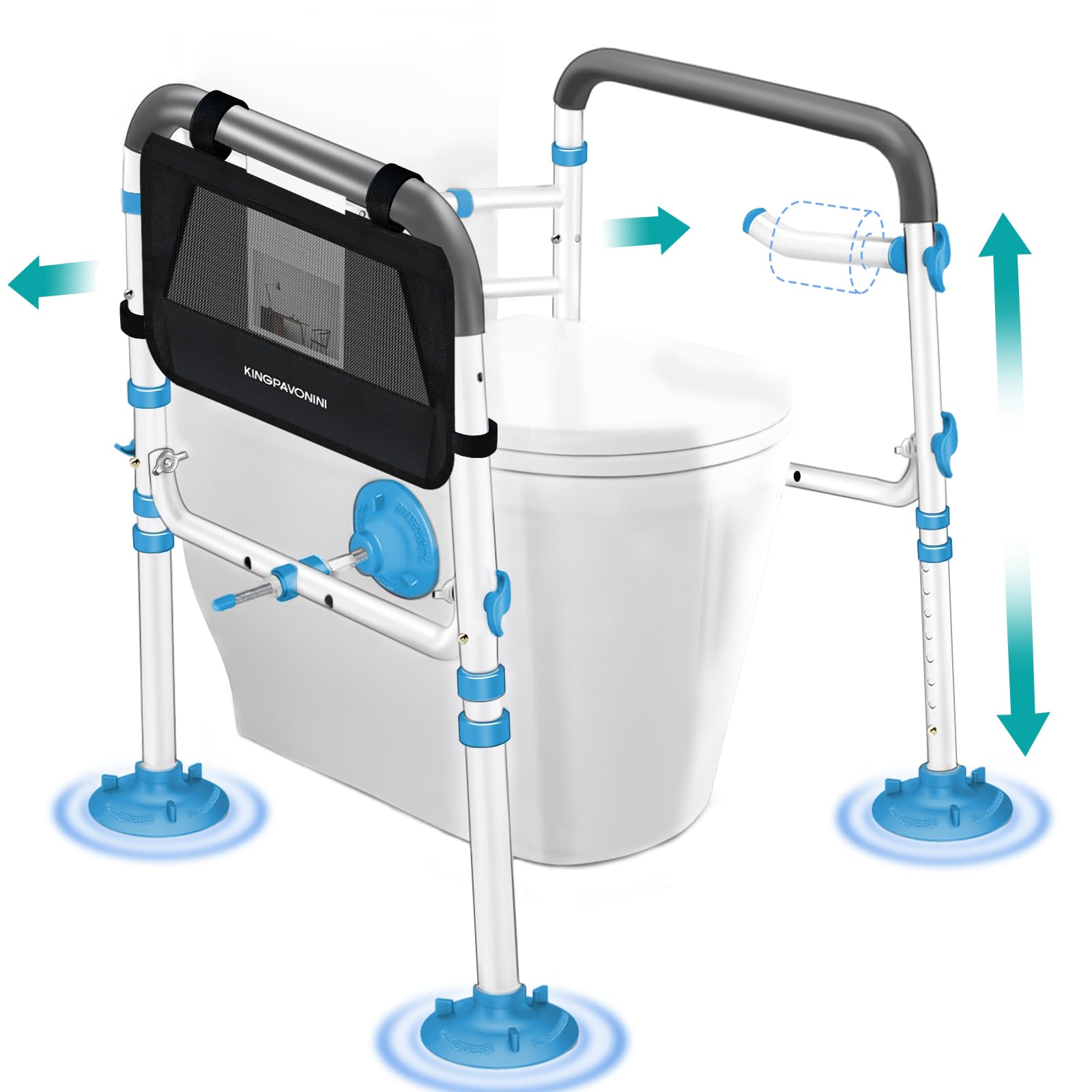 Photo 1 of KingPavonini Toilet Safety Rail (350 LB) - Adjustable Foldable Toilet Safety Frame for Elderly and Disabled - Stand Alone Toilet Rails for Seniors with Storage Bag & Paper Holder - Fits Most Toilets