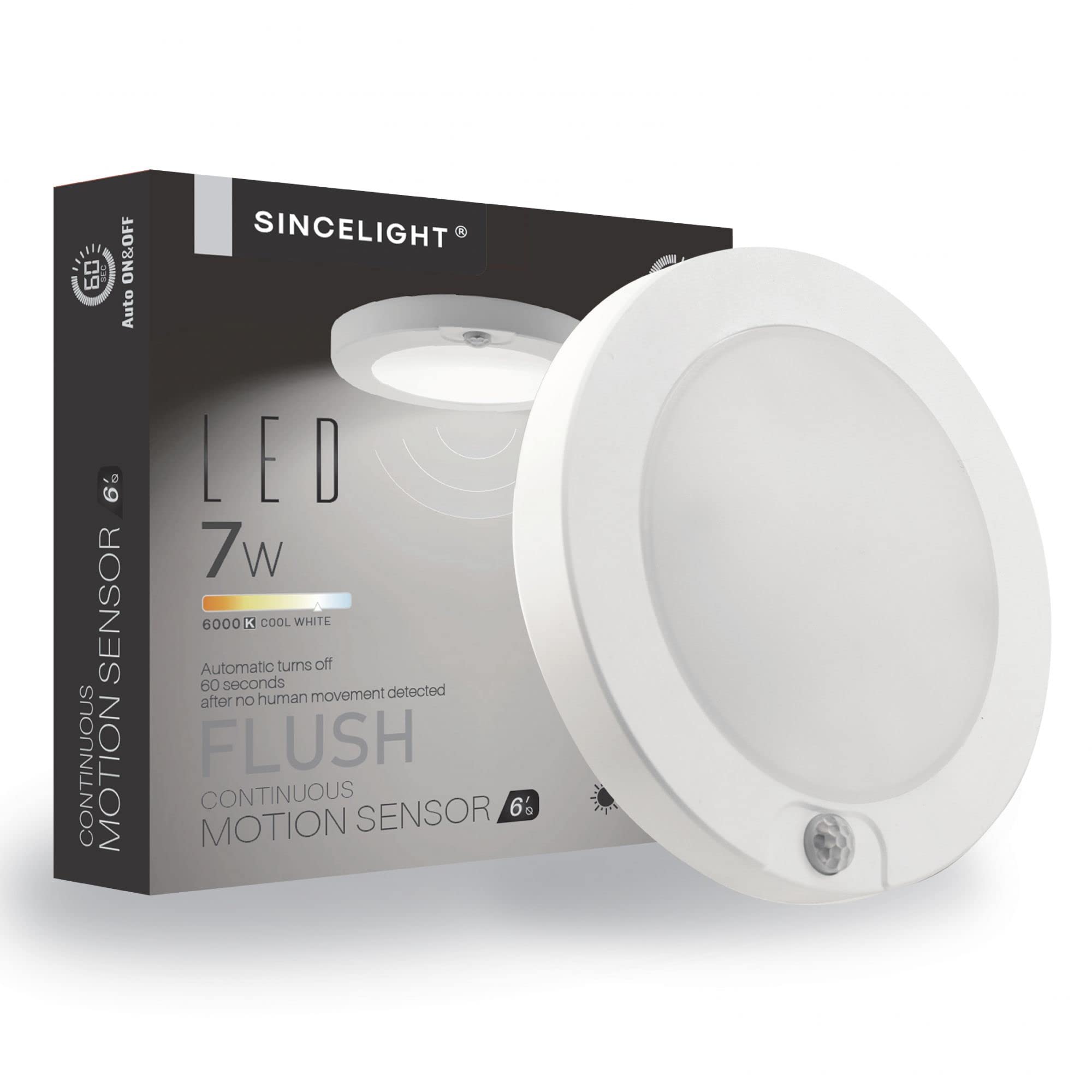 SINCELIGHT PIR Motion Sensor 7W LED Ceiling Light (Φ6''/146mm), Automatically ON/Off, Movement Activated, Cool White 6000K, Surface/Flush Mount for Closet,Cabinet,Hallway, Damp Use, Pack of 1 — image 1