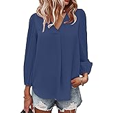 Spriolim Long Sleeve Casual Shirt for Women Dressy Top V Neck Pleated Top Loose Chiffon Blouses