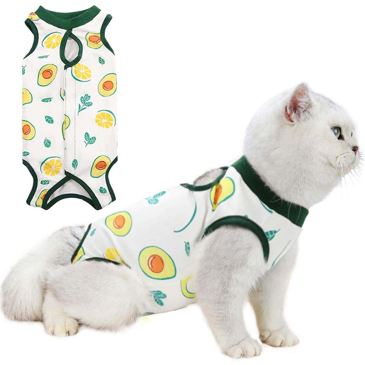 Cat Professional Surgery Recovery E-Collar Alternative, Cotton Breathable Sterilization Suit for Abdominal Wounds, Pajama for Kitten Anti-Biting Licking - Avocado/M(5.5-7 lbs)