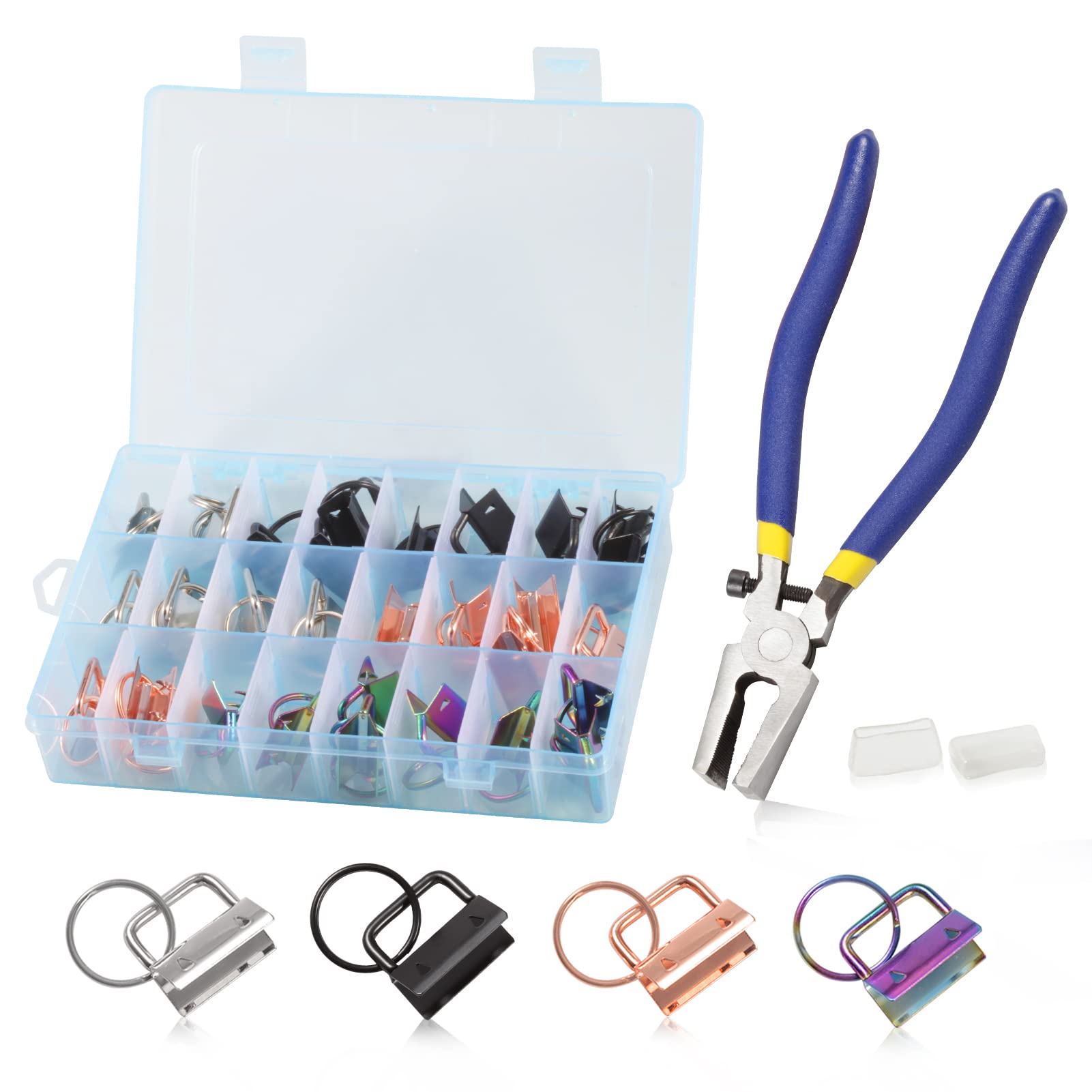 LEONTOOL Key Fob Hardware Pliers Tool 32 Pcs Kit with 1 Inch Key Fob Hardware, 8 Inch Glass Running Plier, Rubber Cover, Storage Box