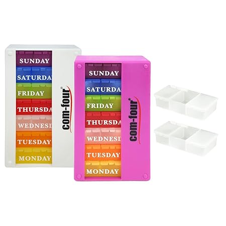 Com Four Medicador 7 Dias En El Ingles Dosificador Semanal Por La Manana Medio Dia Noche Caja De Pastillas Con 3 Compartimentos En El Camino English Blanco Purpura Amazon Es Hogar