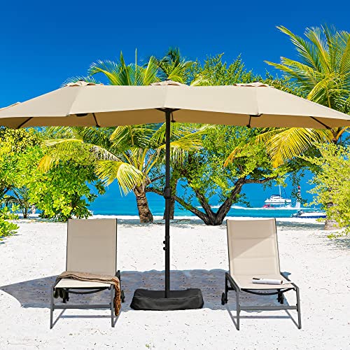 Yaheetech 15 ft Triple-size Patio Umbrella w/Base Included - Market Extra-Large Double Sided Umbrella - Twin-size Patio Parasol w/Easy Crank & 12 Strong Ribs & Ventilation Openings,Tan