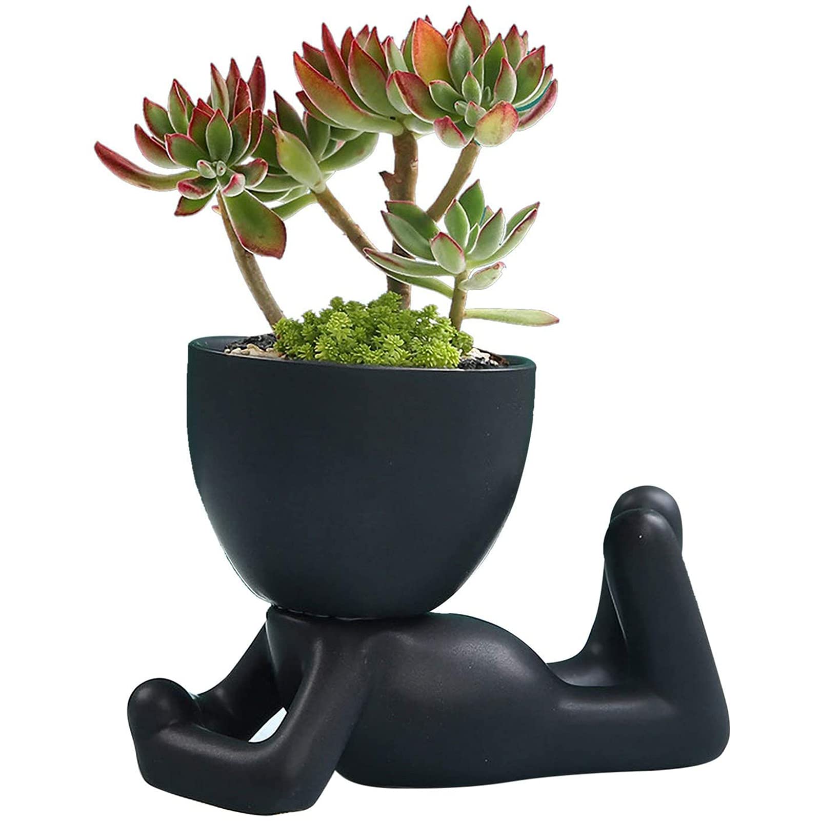Humanoid Flowerpot, Bonsai Planter, Cute Ceramic Doll Decorative Pot, Succulent Flower Cactus Bonsai Planter Pots Container Creat Design, for Home Office Decor, Black, 11 * 6 * 8cm
