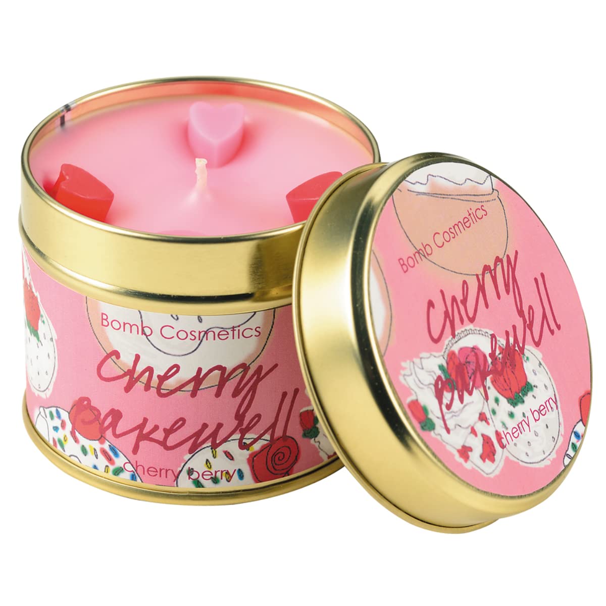 Bomb Cosmetics Cherry Bakewell Scented Tin Candle; Cherry Almond Cake Fragrance; Contains Pure Bergamot & Clary Sage Essential Oils; Vegan Friendly; 30-35 Hour Burn