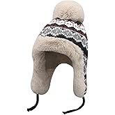 Womens Winter Knit Beanie Hat with Ear Flaps, Warm Fleece Lined Skull Caps Faux Fur Trapper Hat Earmuff Snow Hats
