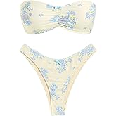 ZAFUL Women's Strapless Bikini Openwork Textured Bow Ruched Lace Up High Cut Bandeau Swimsuit Bathing Suits