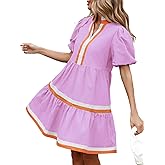 LifeShe Womens Puff Sleeve Babydoll Dress V Neck Navy Blue Striped Color Block Tiered Mini Dresses