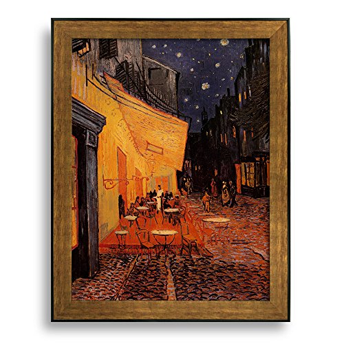 Framed Art Cafe Terrace at Night by Vincent Van Gogh Famous Painting Wall Decor Bronze and Black Frame