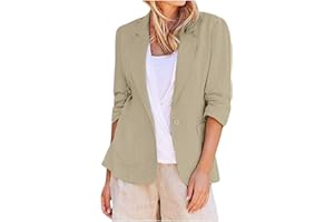 Womens Vintage Linen Blazer Business Casual 3/4 Sleeve Lapel Open Front Suit Jackets Work Office Blazers with Pockets