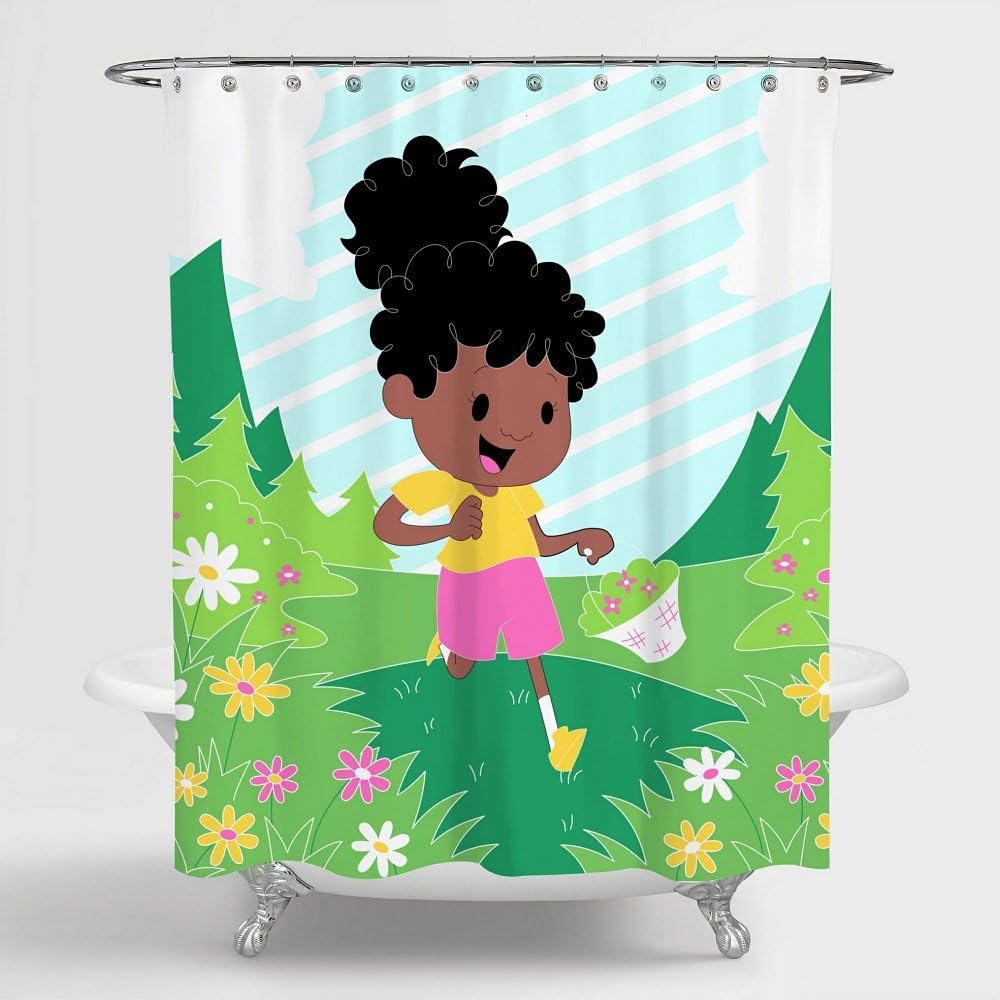 African American Shower Curtain Art for Kids Bathroom with Girl Playing in a Pink and Green Field of Flowers |70X72 inches | 100% Polyester Fabric | Water Resistant | Heavy Duty Metal Grommets