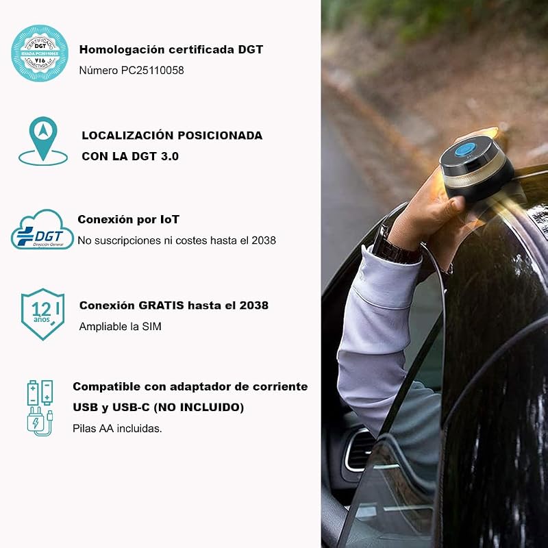 Farol de Geolocalização DGT V16 | Luz de emergência para carros aprovados e ligados DGT 3.0 | SIM e dados pagos até 12/2038 | 1 unidade — foto 2 de 6