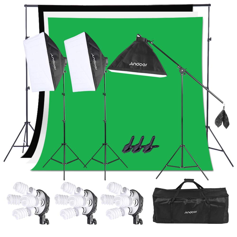 Andoer Photography Lighting Kit, Studio Softbox Light Kit and 6.6ftx10ft Background Support System, Including 3pcs Backdrops(Black/White/Green) Screen for Photo, Video, Portrait and Product Shooting