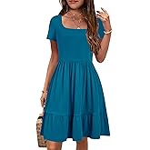 YOVION Girls Summer Dress Square Neck Short Sleeve Casual Loose Ruffle Tiered Dresses with Pockets for 6-12 Y