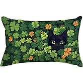 AVOIN colorlife St Patricks Day Clovers Black Cat Throw Pillow Cover, 12 x 20 Inch Shamrock Cushion Case Decoration for Sofa Couch