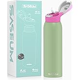 Saseum Water Bottle with Straw, 24 oz Free-Sip Double-Wall Vacuum Insulated Stainless Steel Bottle, One-Click Open Design with Soft Silicone Spout, BPA-Free, Ideal for School, Sports & Travel