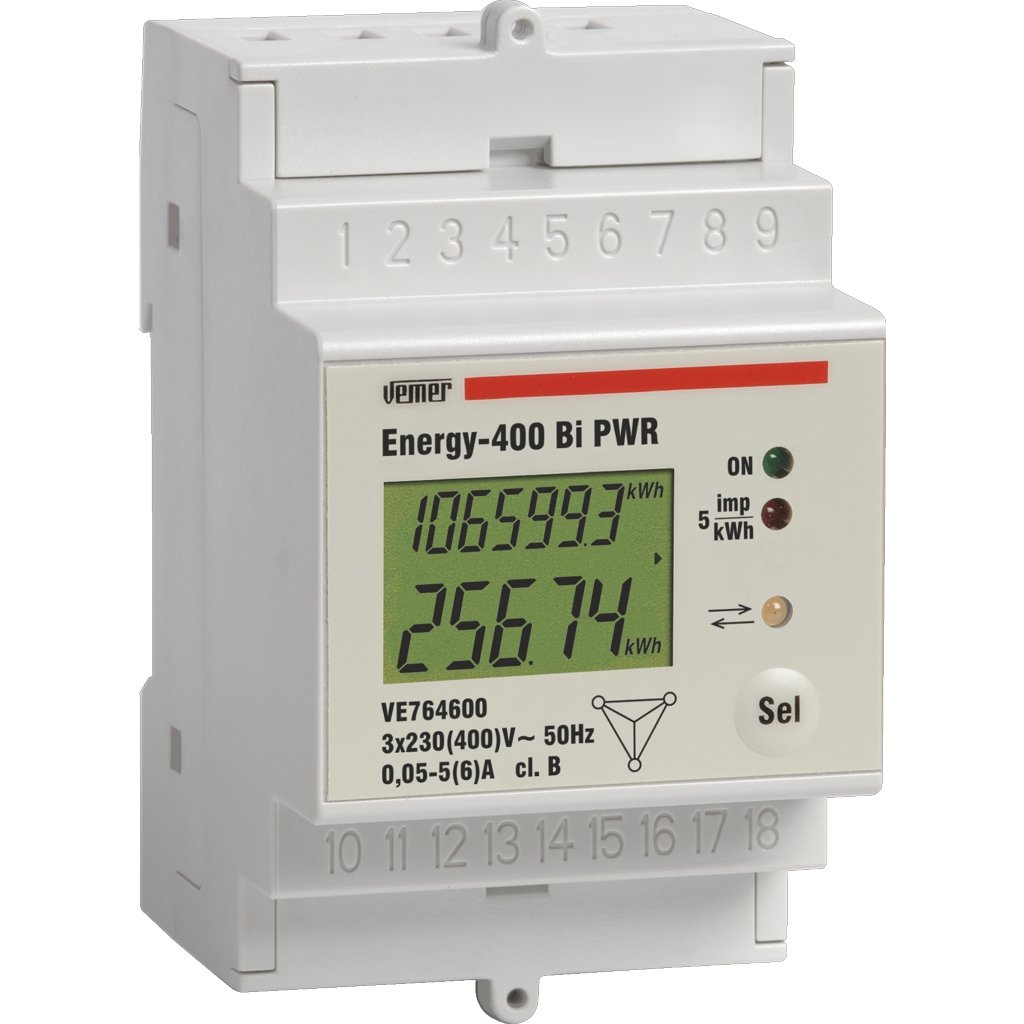 VEMER VE764600 Model ENERGY-400 BI PWR Energy Meter for Three-Phase System. Bidirectional: withdrawn and Injected Active Energy Measurement.
