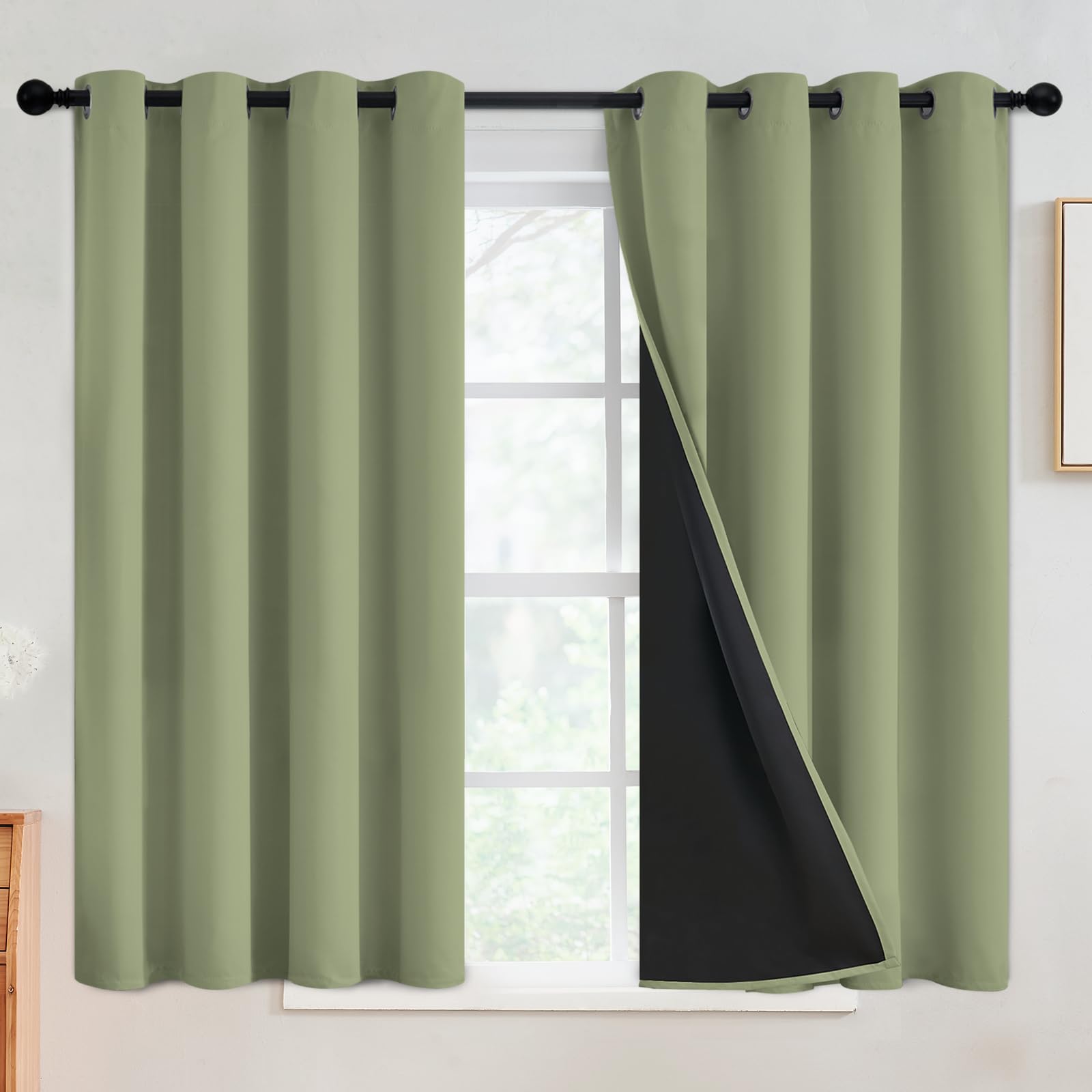 SimpleHome 100% Blackout Curtains for Bedroom,Thermal Insulated Sage Grommet Window Drapes Room Darkening Curtains for Living Room with Black Back,52 x 45 Inch,2 Panels Image