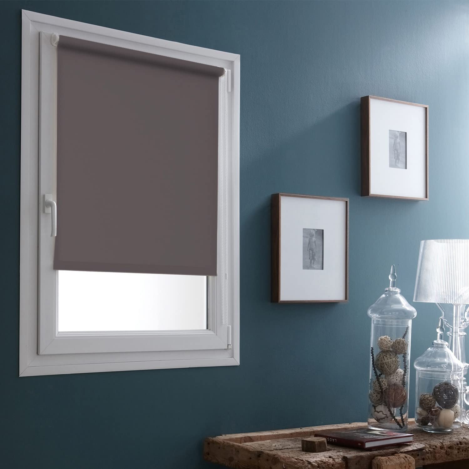 MADECOSTORE Easy Blackout Roller Blind Plain Grey/Pink - L65 x H170 cm - No Drilling