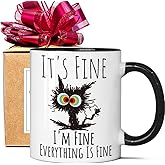 FALJIOK I'm Fine Everything is Fine Coffee Mug 11oz Funny Sarcastic Cat Mug Gifts for Cats Lover Novelty Coffee Mug Gifts for Cat Lover Women Mother's Day Gift for Cats Mom