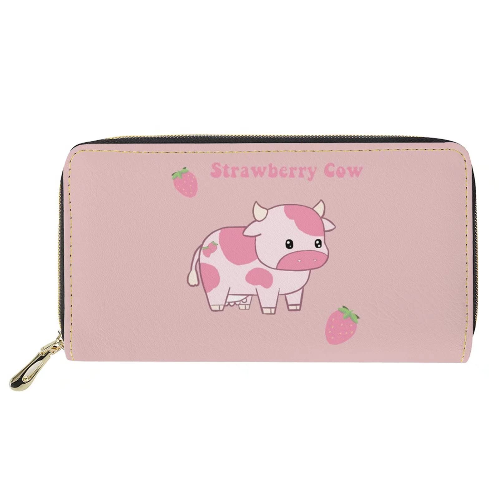 HELLHERO Kawaii Strawberry Cow Purse for Girls Women Leather Wallets Zip Around Purses Coin Pouch Phone Holder Card Organzier Money Bag Clutch Handbag