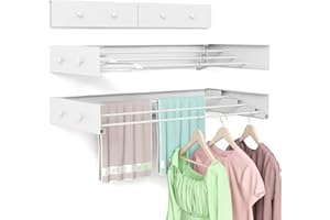 BAKON Wall Mounted Drying Rack for Laundry 23.6'', Foldable Laundry Drying Rack Clothing Wall Mount with 4 Towel Hooks and 4 Rods, Space Saving for Indoor Outdoor Bathroom Balcony (White, 23.6'')