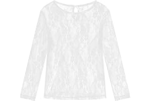 Noomelfish Girls Lace Long Sleeve Layering Tops Sheer Mesh Tee Shirts Blouse (5-12 Years)