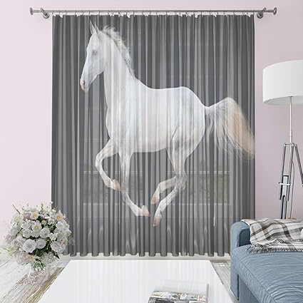 Amazon Pnejoef レースカーテン 2枚組 女子 ボイルレースカーテン カーテン レース 防汚 馬柄 白い馬 黒 ブラック かわいい 可愛い オシャレ 幅100 丈108 2枚 レースカーテン オンライン通販