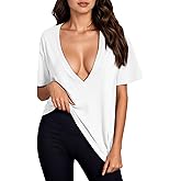 LCXWFE Womens Deep V Neck Sexy Tops Summer Short Sleeve Slim T Shirts Solid Color Basic Tees