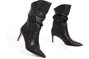 Coutgo Womens Slouchy Mid Calf Boots Stiletto High Heel Leather Booties Pointed Toe Pull on Fall Winter Shoes