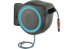 GARDENA (18630) Retractable Garden Hose Reel 115' x 1/2" Wall Mounted, Automatic Retraction & Length Lock for Easy Watering. Heavy Duty Swivel Bracket 180°, Includes Nozzle. Made in Europe