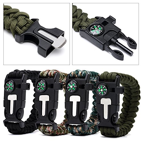 Survival Paracord Bracelet with Compass (4) + Mini Crowbar (4) - Stainless Steel Wire Keychain Cords (20) - Braclet Featurees Flint Fire Starter + Emergency Knife & Whistle