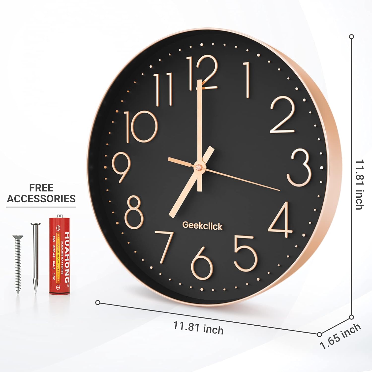 Geekclick 12" Wall Clock [Battery Included], Silent & Large Wall Clocks for Living Room/Office/Home/Kitchen Decor, Modern Style & Easy to Read - Rose Gold &Black: Kitchen & Dining