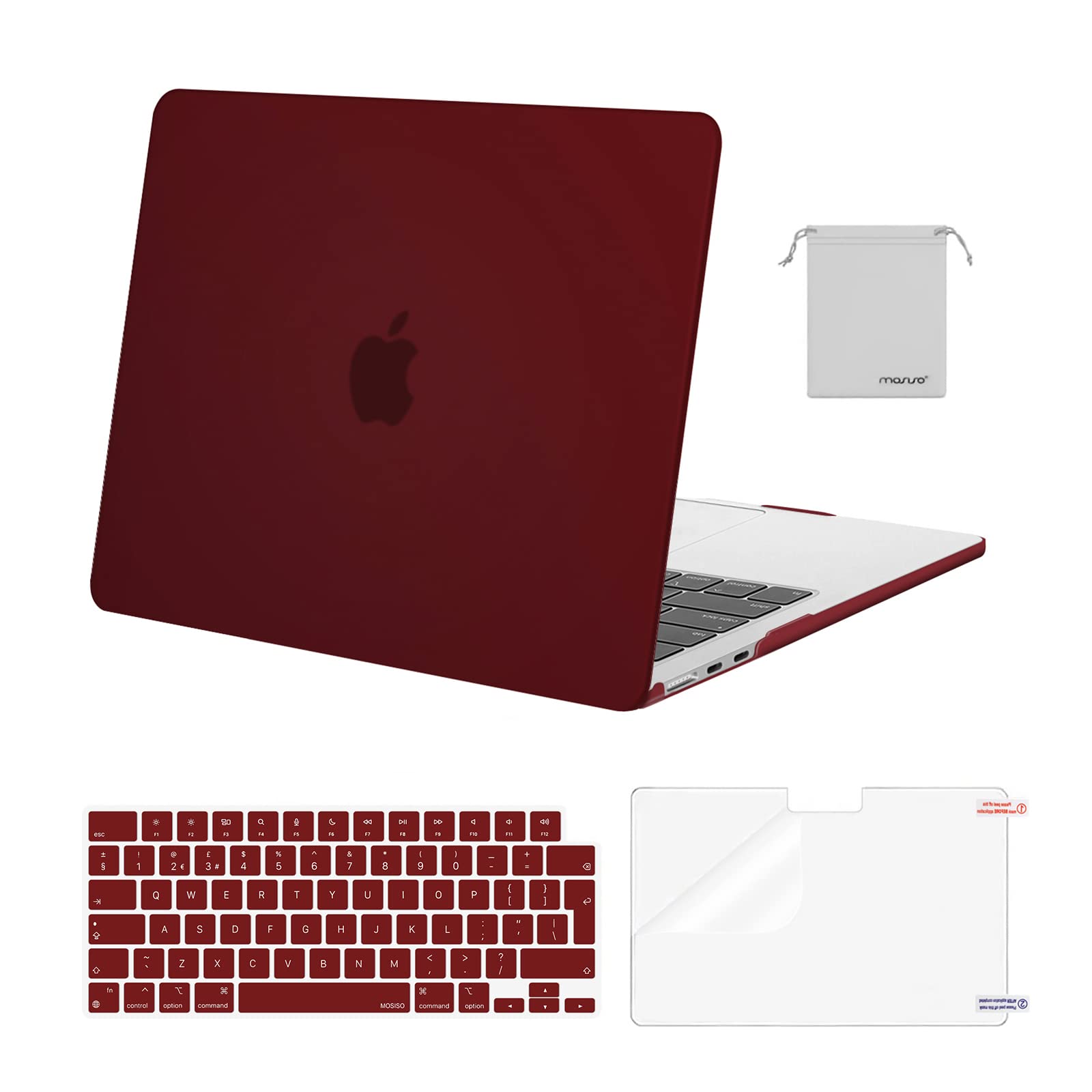 MOSISO Compatible with MacBook Air 13 inch Case M5 M4 M3 M2 2026-2022 A3449 A3240 A3113 A2681, Hard Shell Cover for MacBook Air 13.6 inch Display &KeyboardSkin&ScreenFilm&Pouch, Burgundy