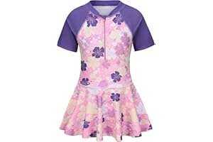 LOLLISY Girls One Piece Swimsuits Hawaiian Skirted Bathing Suit for Kids Girls Summer Swim Dress Short Sleeve Swimwear 3-16 Years