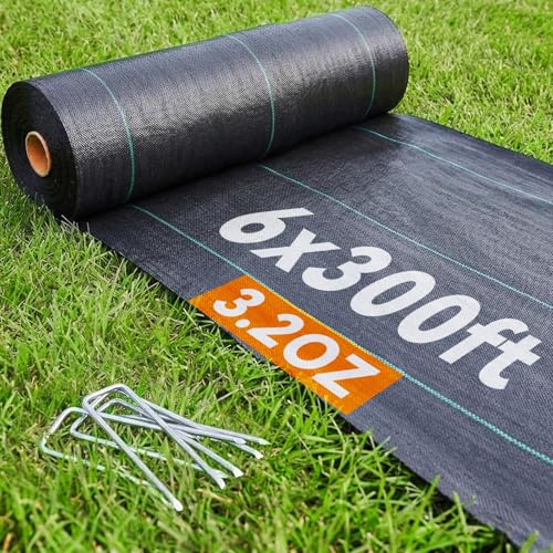 automoris 3.2OZ 6 * 300FT Weed Barrier Landscape Fabric with 100pcs 6inch Garden Staples,Heavy Duty Woven Ground Cover Weed Fabric Gardening Mat for Underlayment，Flower Beds, Pathways,Driveway