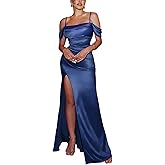 CurvySweet Women's Formal Off The Shoulder Evening Gown Built-in Bra High Slit Ruched Satin Wedding Guest Cocktail Maxi Dress