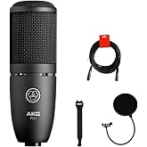 AKG P120 Cardioid Condenser Microphone (Black) with XLR-XLR Cable, Pop Filter &amp; 10-Pack Straps Bundle