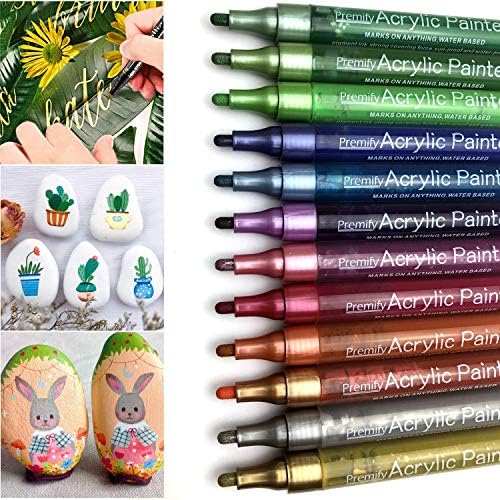 KEMYR 12 Color Metallic Paint Markers - 1mm Fine Tip Acrylic Paint Pens For Crafts