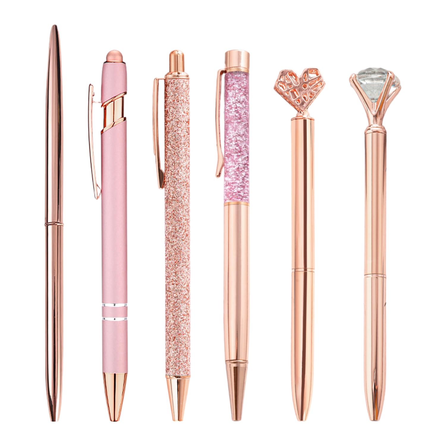 OAAO 6 Pieces Rhinestone Ballpoint Pens, Rose Gold Pink Ballpoint Pens, Metal Ballpoint Pen Set, Office School Stationery Supplies, Suitable Gifts for Girls Women