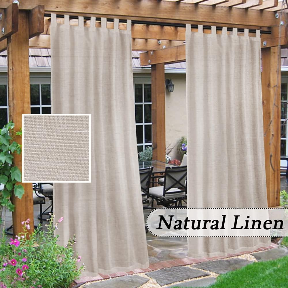 Outdoor Curtains - Outdoor Linen Sheer Curtains for Patio Waterproof - Indoor/Outdoor Divider Privacy Added Light Filtering Porch Decor with Detachable Self-Stick Tab Top for Gazebo/Cabana, Natural, 2 Pieces, W52 x L95