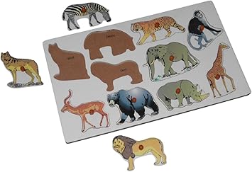 Kido Toys - Name the wild animals - Wooden Knobbed Jigsaw Puzzle Insert Board