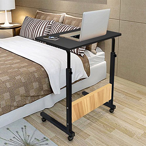 JM-Deco – Adjustable Desk Laptop Desk Table Lapdesk with 4 Wheels Flexible Wooden Stand Desk Cart Tray Side Table for Bed – Black & Natural Wood Tone