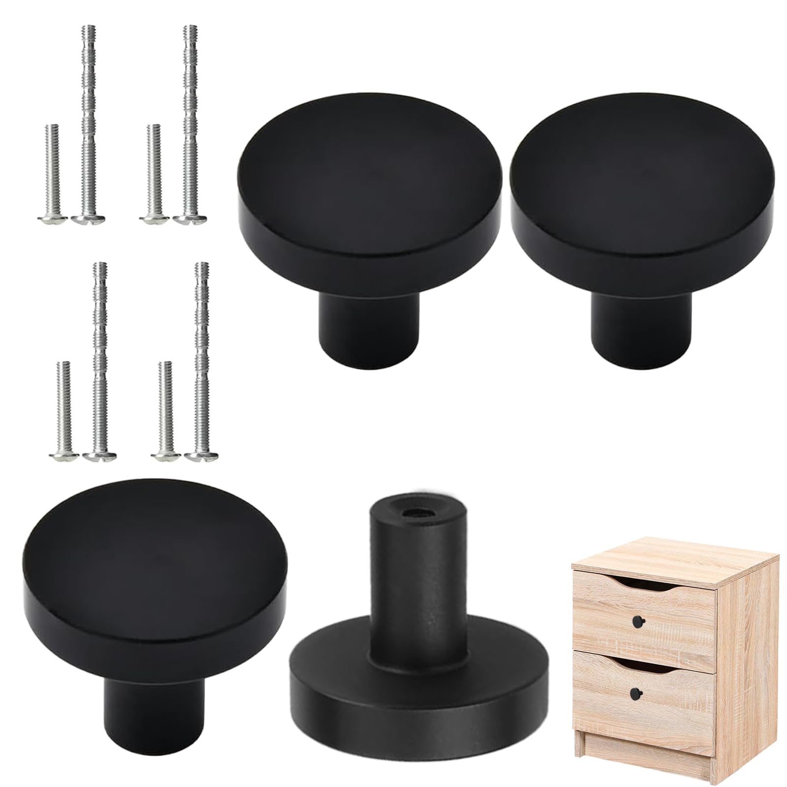 4PCS Black Drawer Knobs - Matte Round Flat Black Aluminium Handles for Chest of Drawers, Cupboard, Dresser, Wardrobe